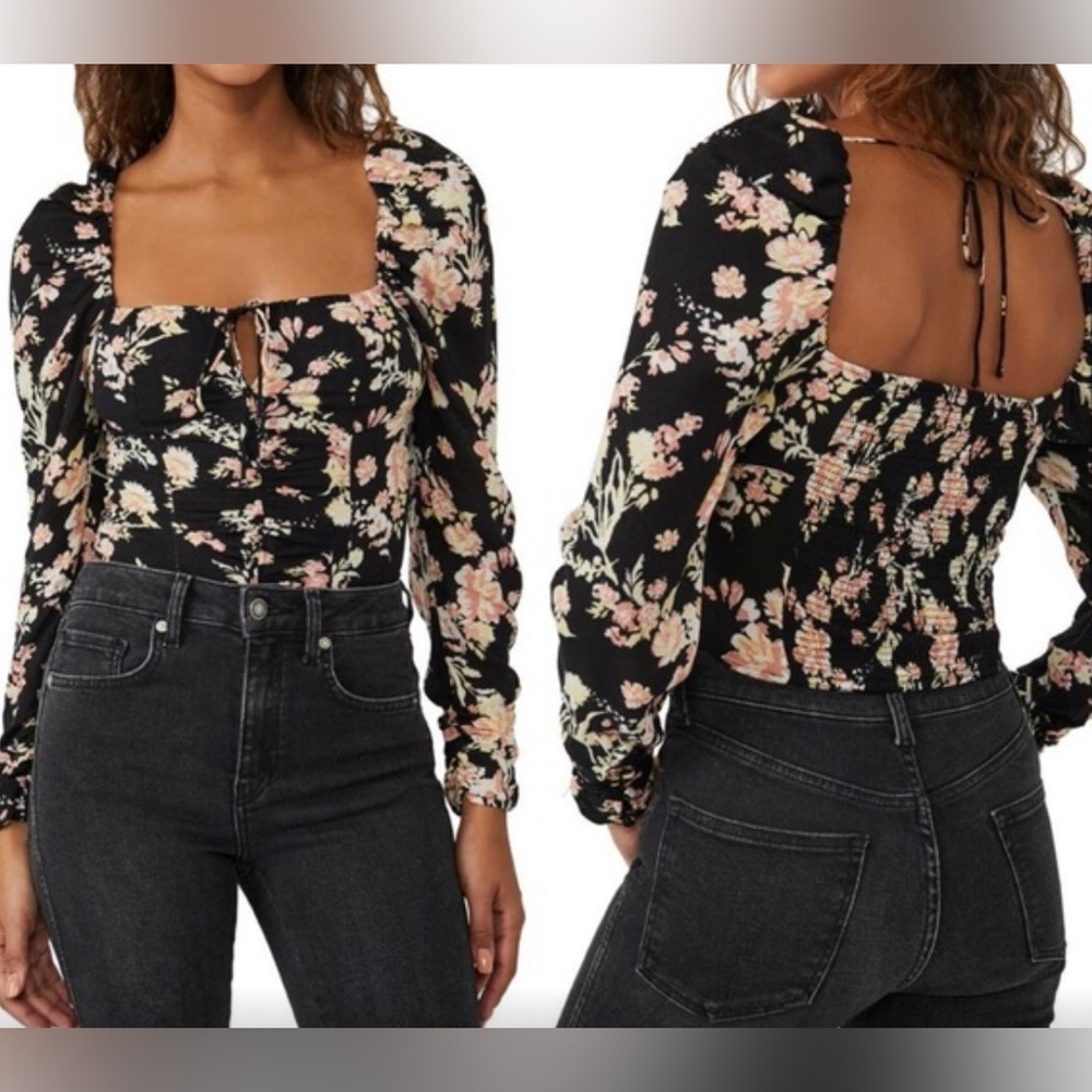 NWT Free People Black Floral Tie Back Crop Top Size L